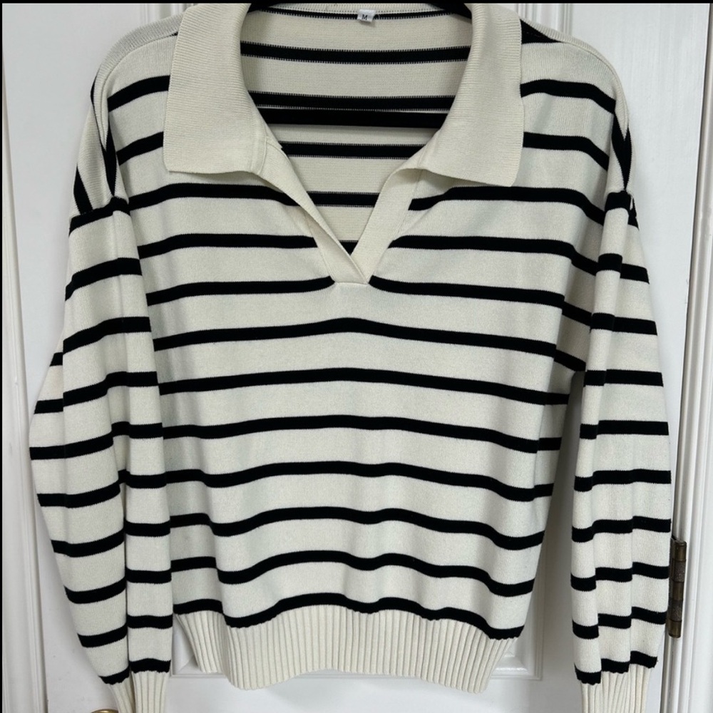 Black and White Crew Neck Striped Sweater